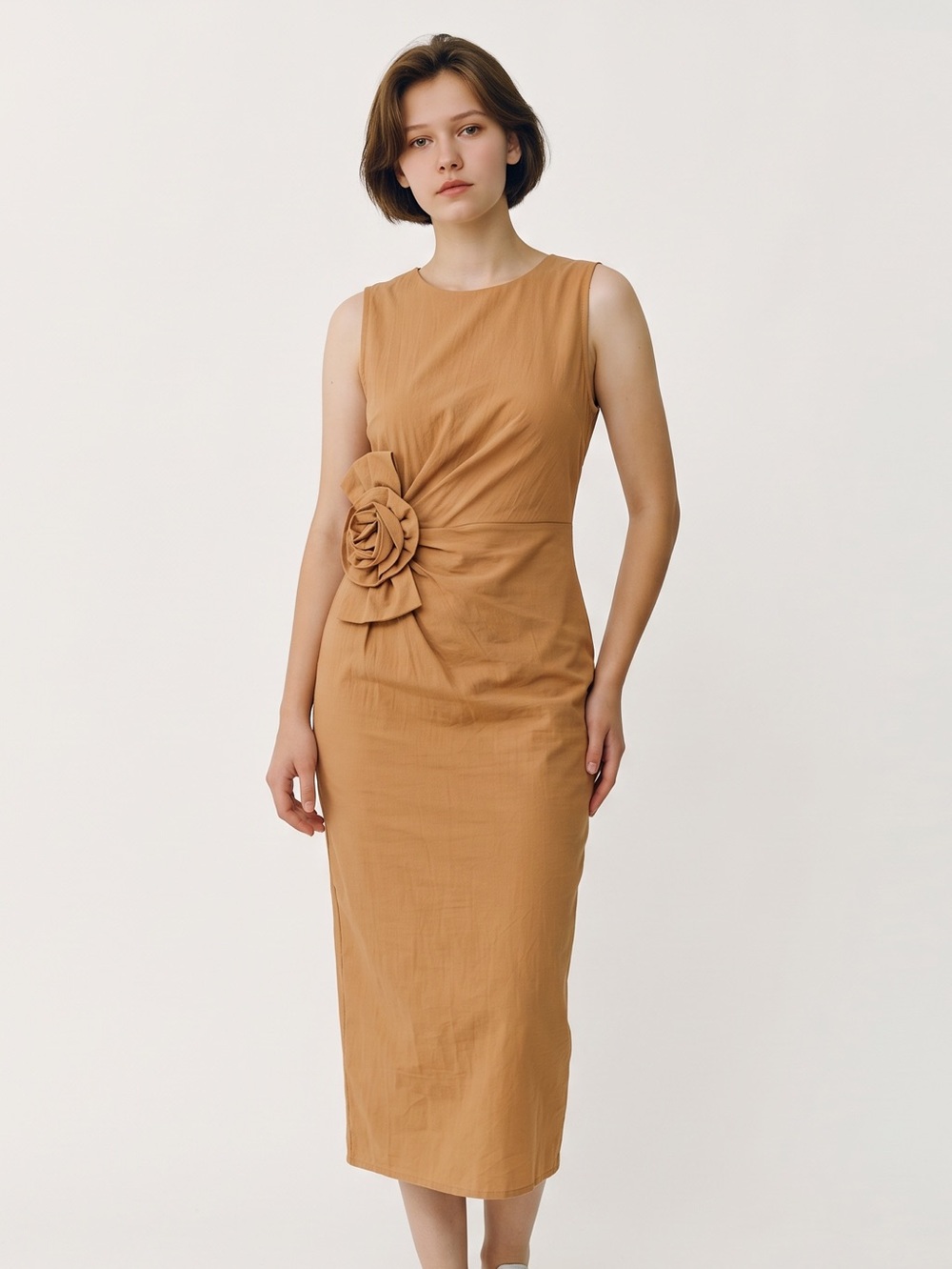 Sleeveless Tan Asymmetrical Wrapped Midi Dress Rosette Sizes-L/XXL NEW
